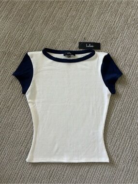 Jessie Baseball White and Navy Ribbed Knit Crew Neck Baby Tee